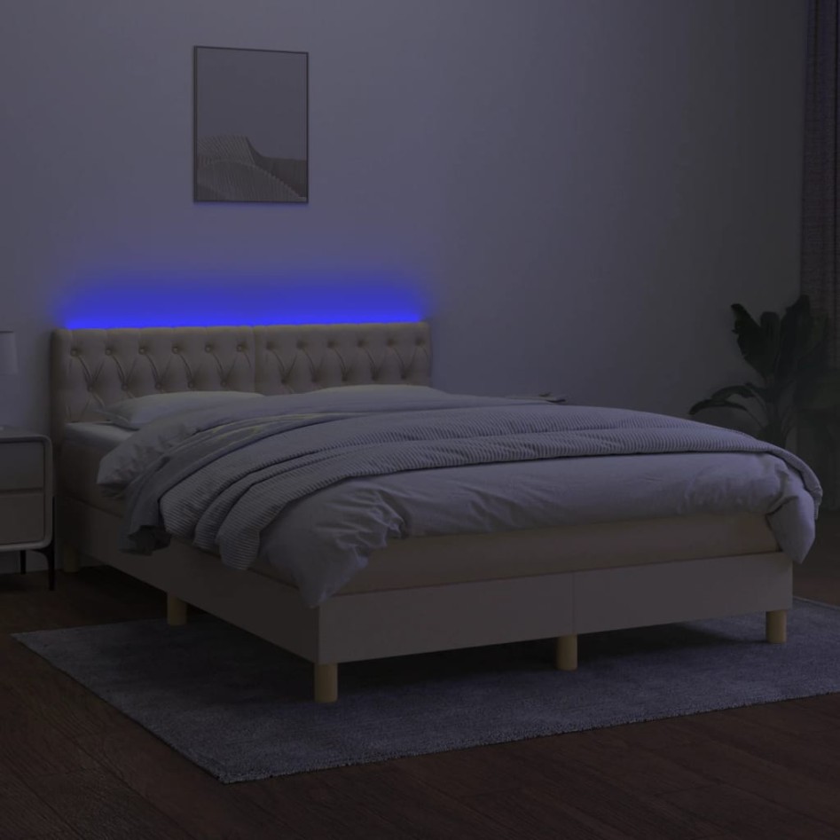 Cama box spring con colchón y LED tela crema 140x200