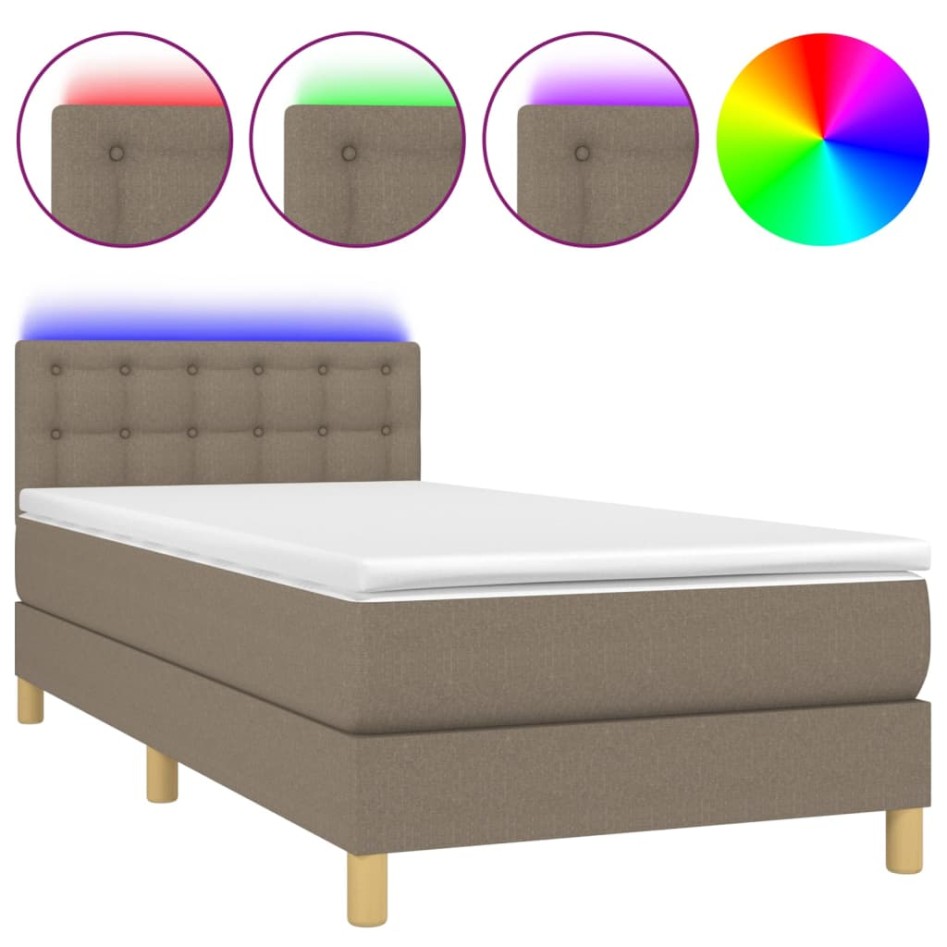 Cama box spring con colchón LED tela gris taupe 90x200