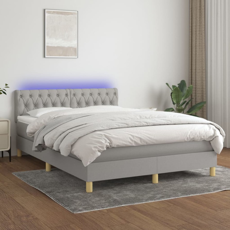 Cama box spring colchón y luces LED tela gris claro 140x200
