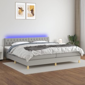 Cama box spring con colchón tela y LED gris claro 200x200
