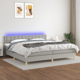 Cama box spring con colchón tela y LED gris claro 200x200
