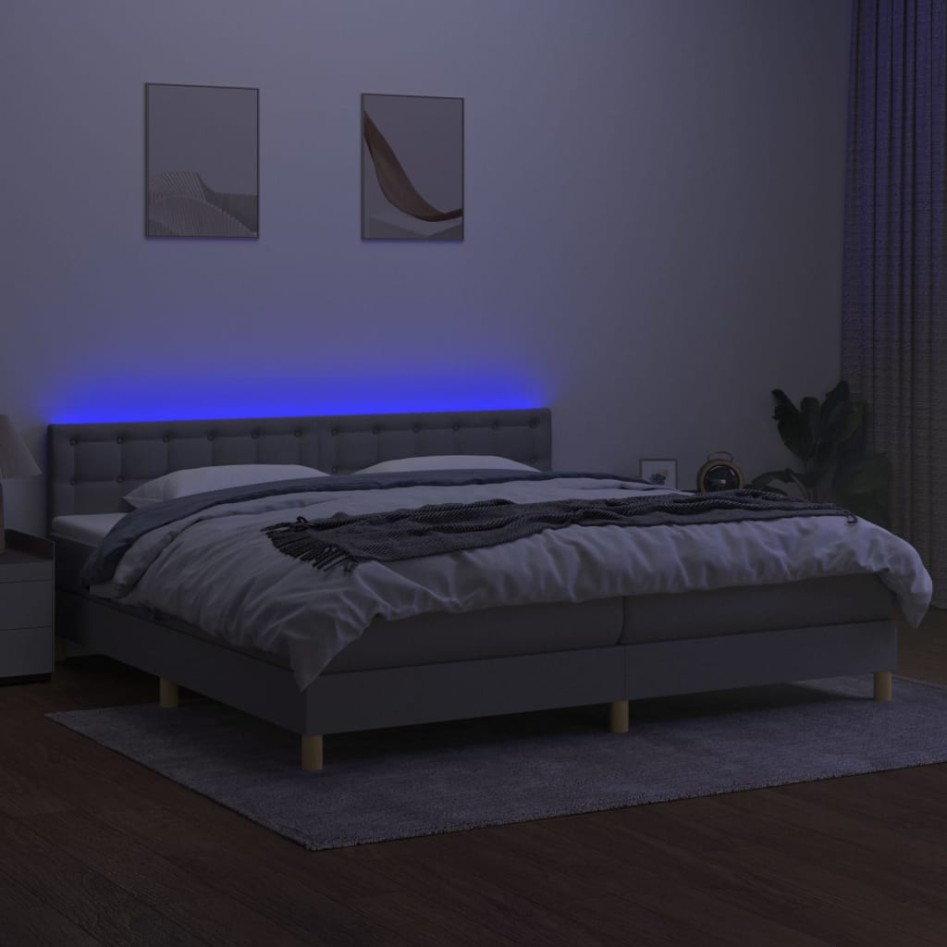 Cama box spring con colchón tela y LED gris claro 200x200