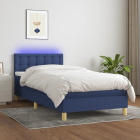 Cama box spring con colchón y LED tela azul 80x200