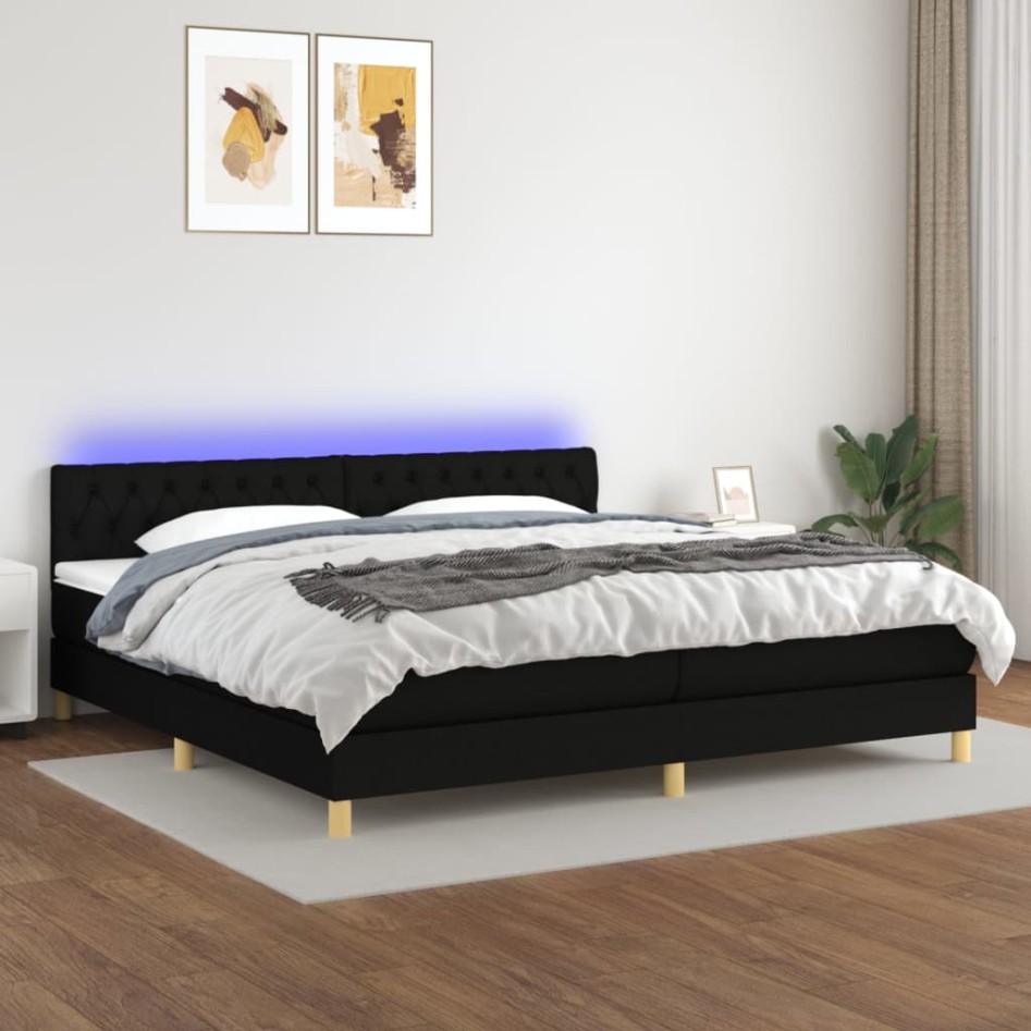 Cama box spring con colchón LED tela negro 200x200