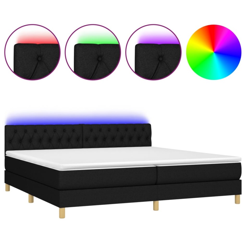 Cama box spring con colchón LED tela negro 200x200