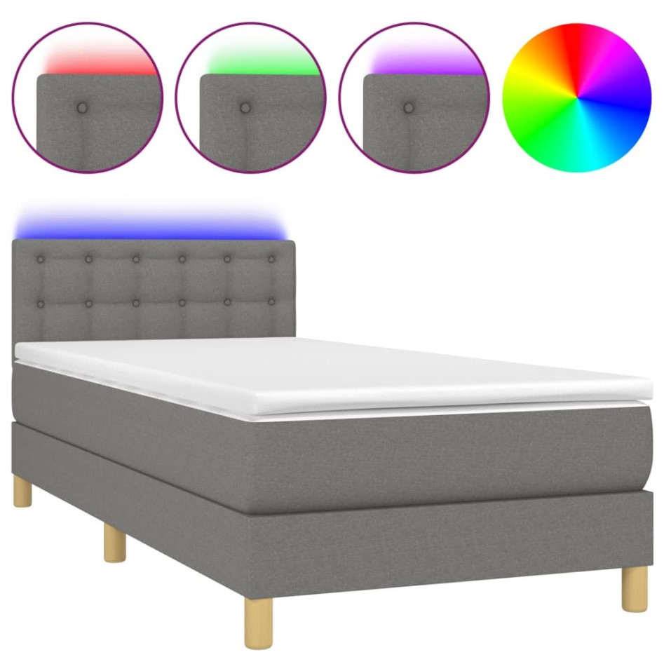 Cama box spring con colchón y LED tela gris oscuro 100x200