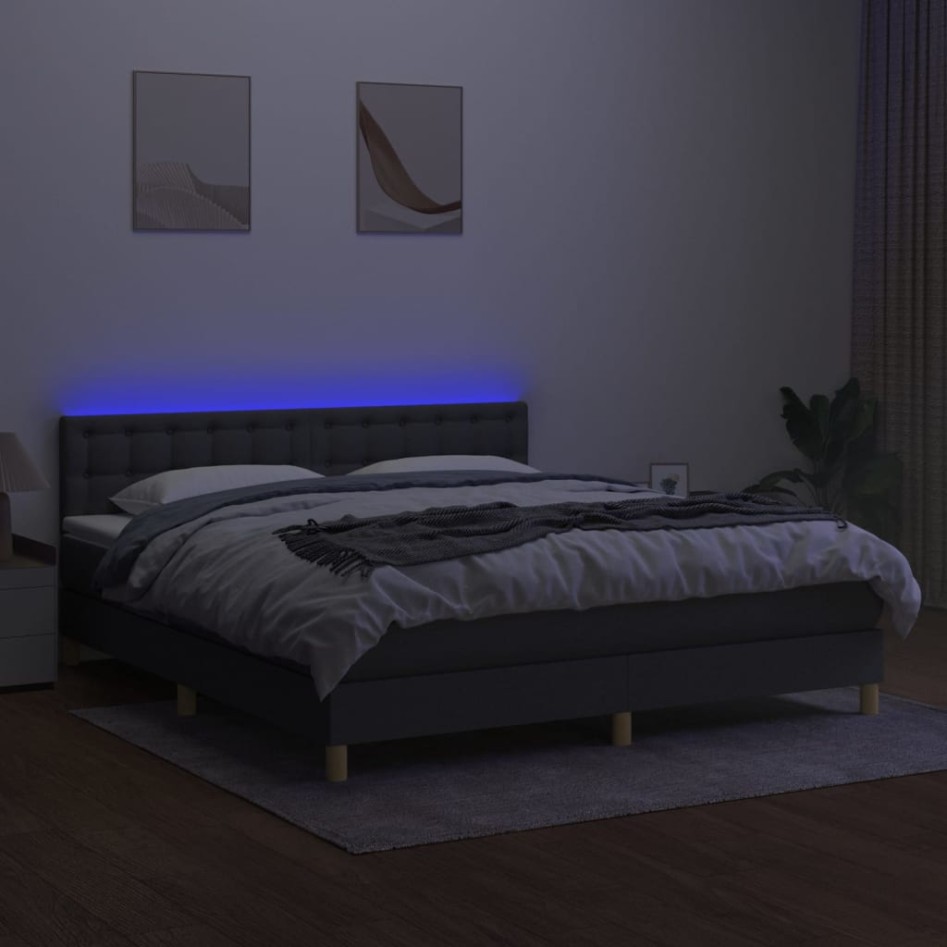 Cama box spring con colchón y LED tela gris oscuro 180x200
