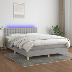 Cama box spring colchón y luces LED tela gris claro 140x200