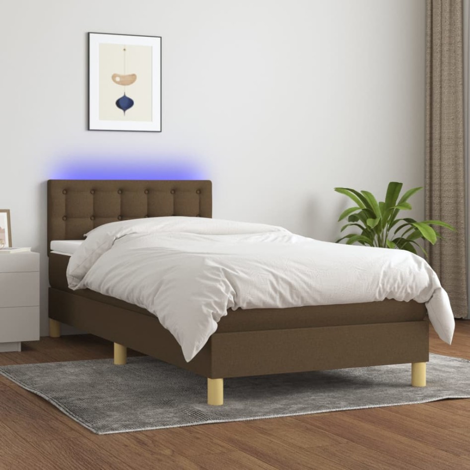Cama box spring con colchón LED tela marrón oscuro 90x190