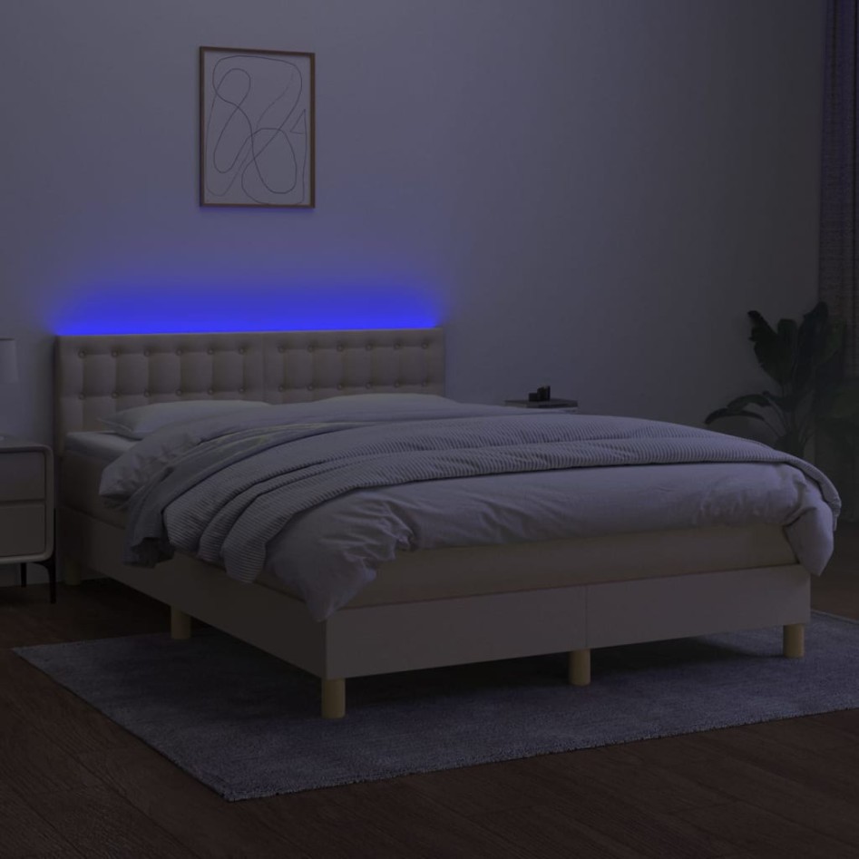 Cama box spring con colchón y LED tela crema 140x200