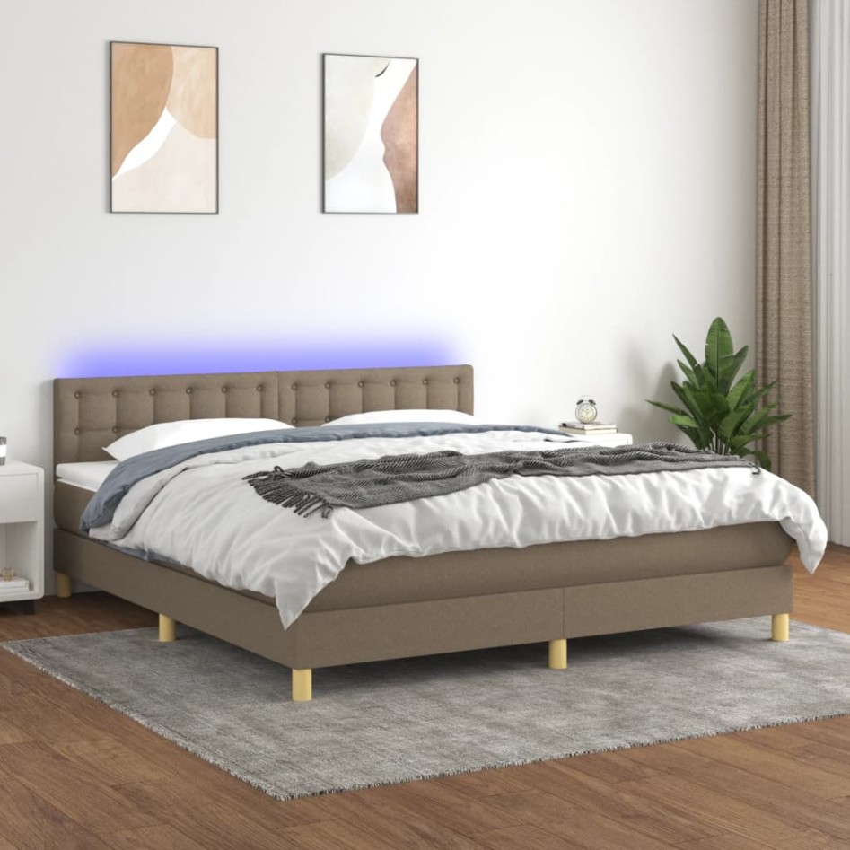 Cama box spring con colchón LED tela gris taupe 160x200