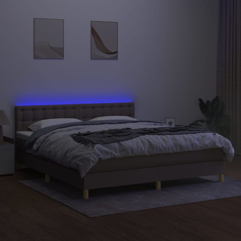 Cama box spring con colchón LED tela gris taupe 160x200