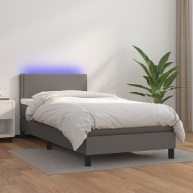 Cama box spring colchón y LED cuero sintético gris 100x200