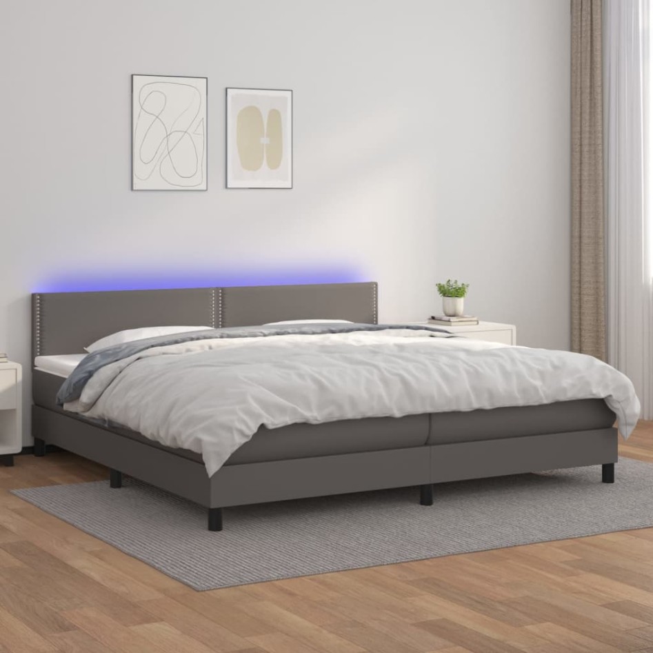 Cama box spring colchón y LED cuero sintético gris 200x200