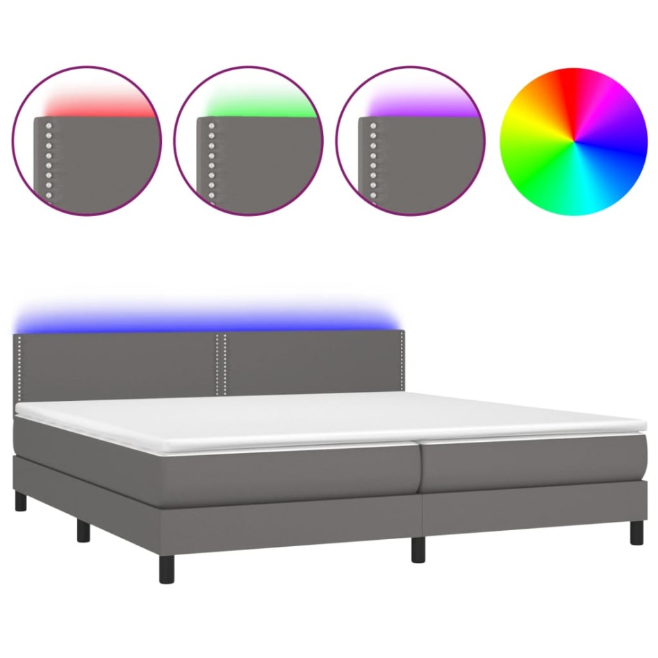 Cama box spring colchón y LED cuero sintético gris 200x200