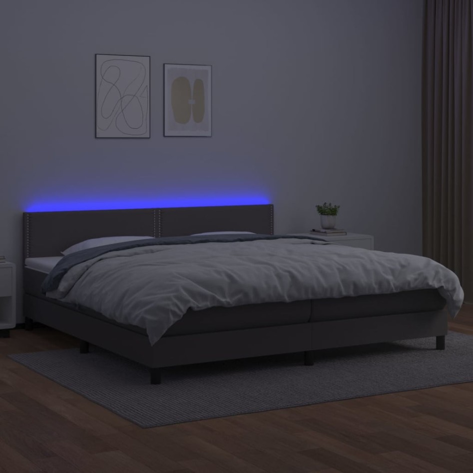 Cama box spring colchón y LED cuero sintético gris 200x200