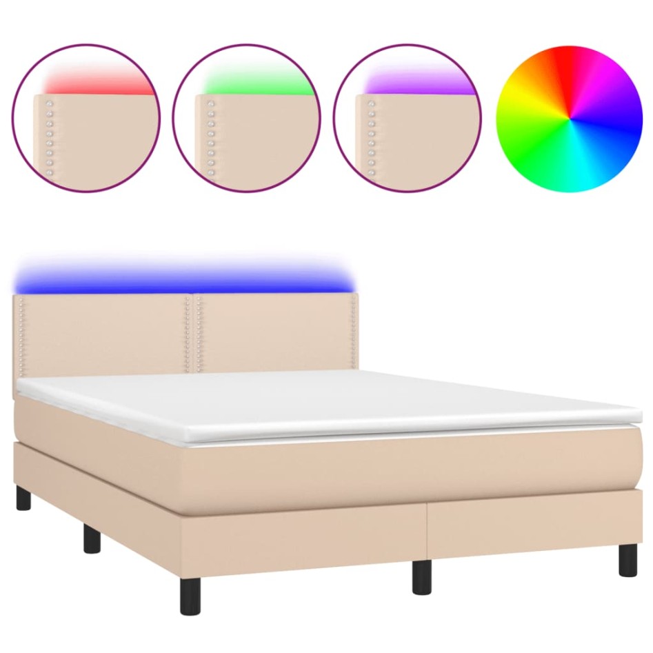 Cama box spring colchón LED cuero sintético capuchino