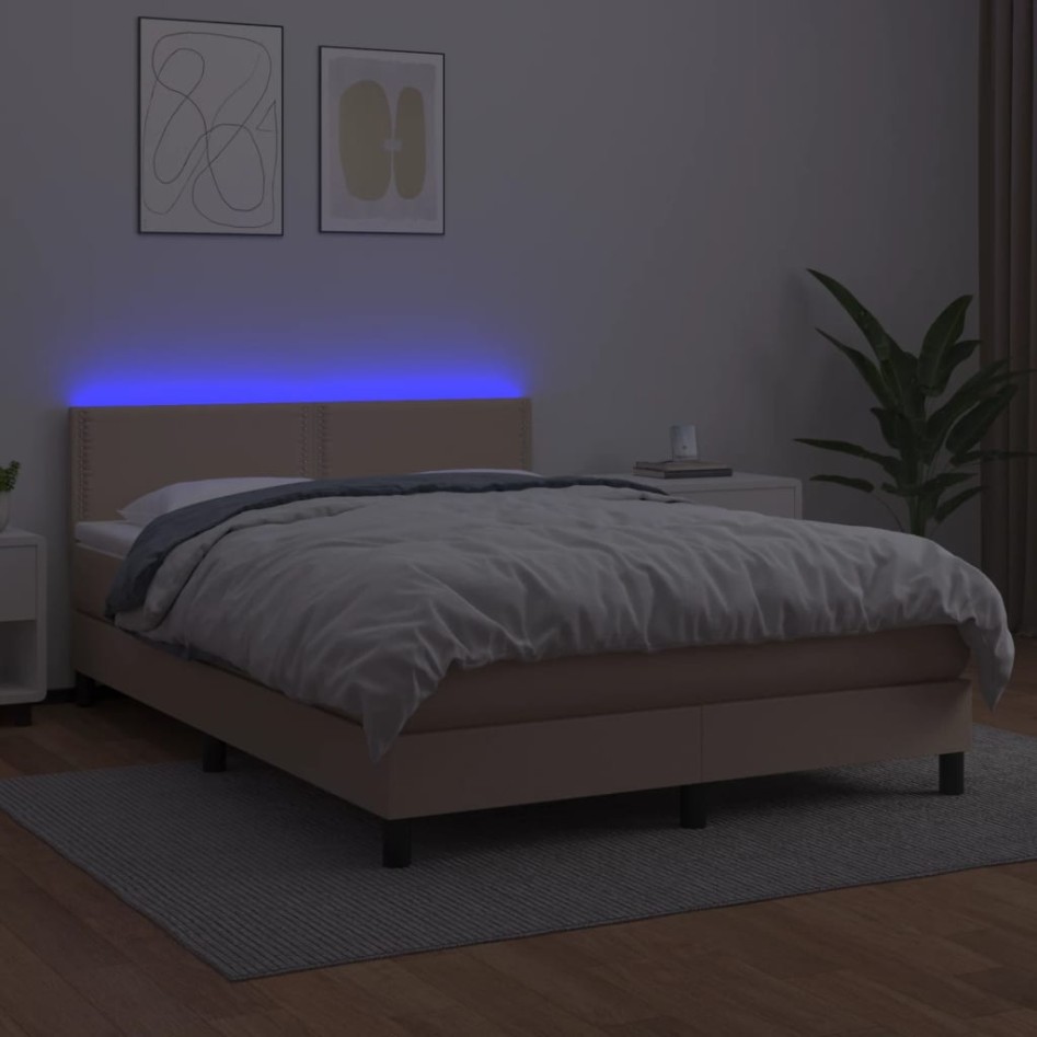 Cama box spring colchón LED cuero sintético capuchino