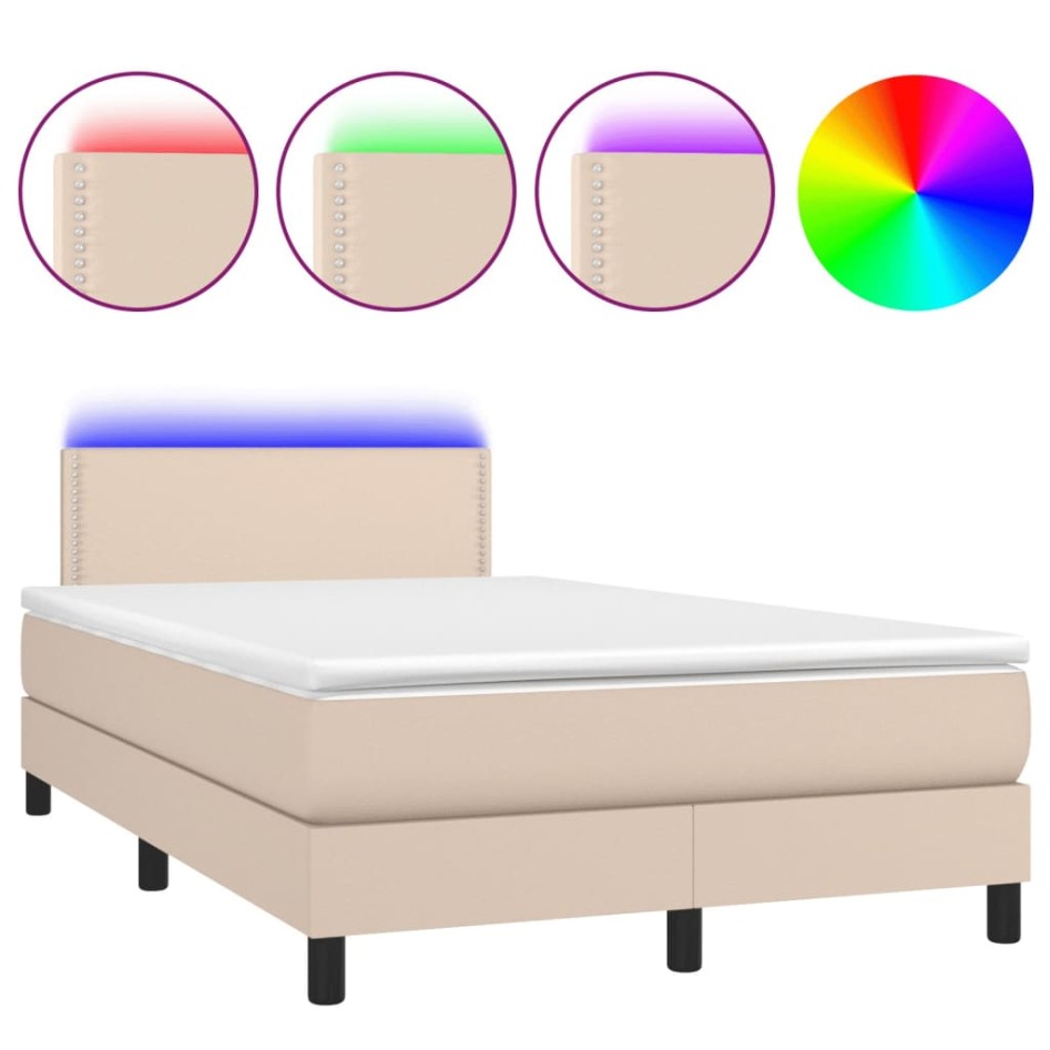 Cama box spring colchón LED cuero sintético capuchino