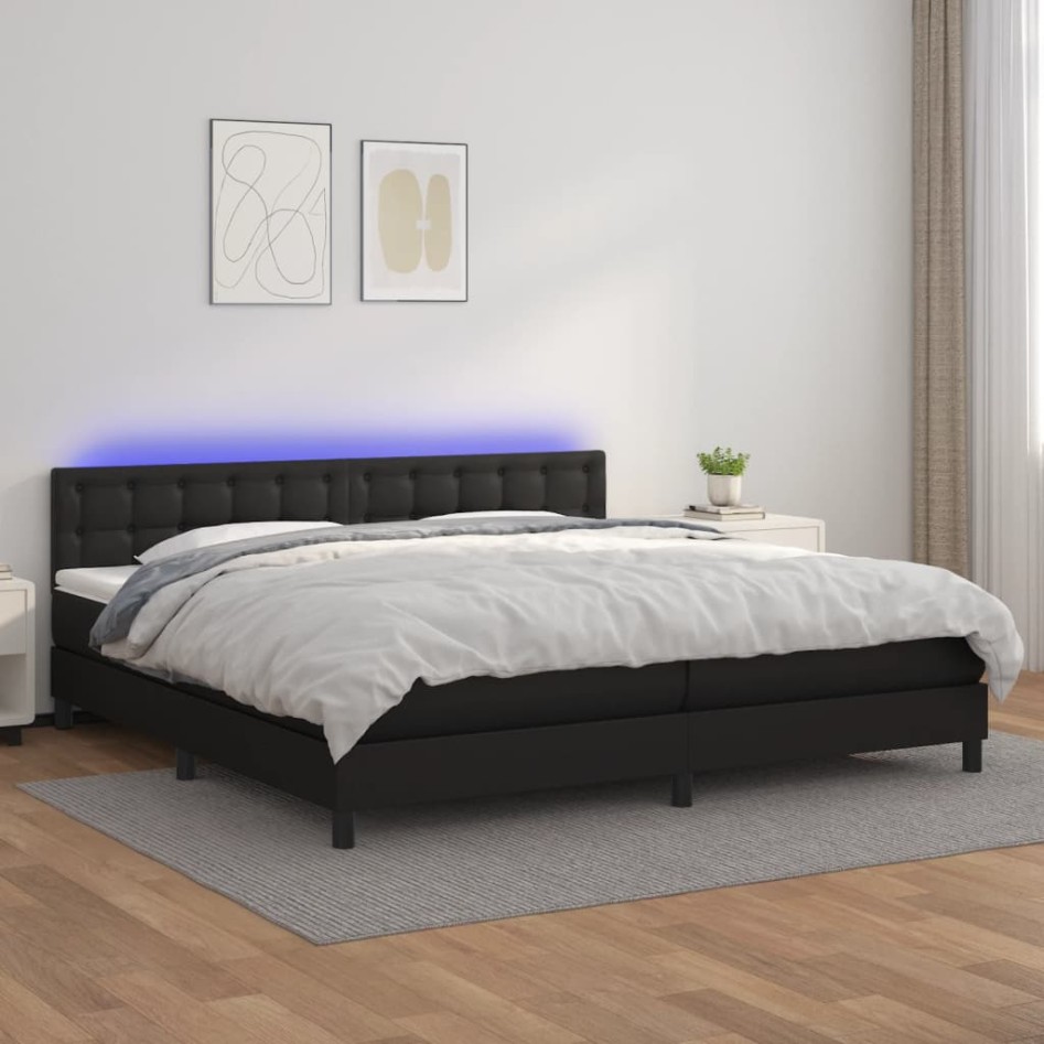 Cama box spring colchón y LED cuero sintético negro 200x200