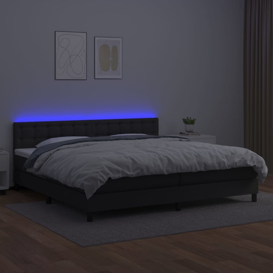 Cama box spring colchón y LED cuero sintético negro 200x200