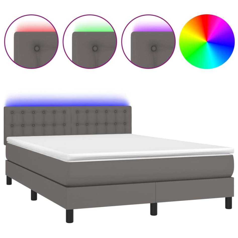 Cama box spring colchón y LED cuero sintético gris 140x200