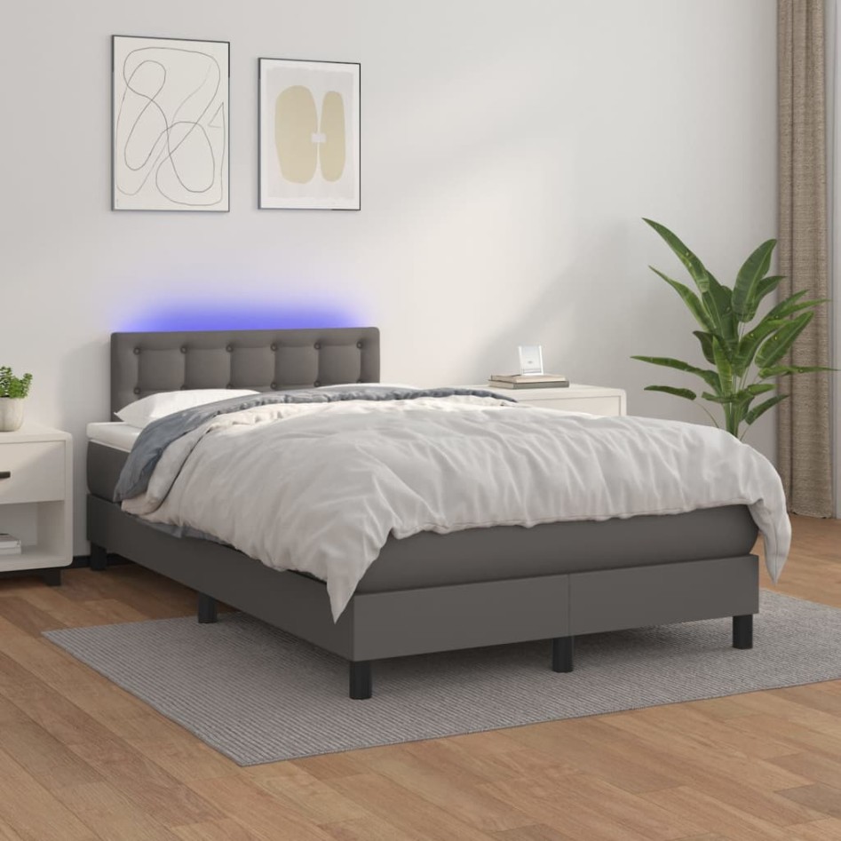 Cama box spring colchón y LED cuero sintético gris 120x200