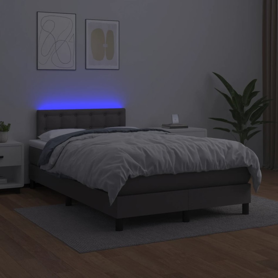 Cama box spring colchón y LED cuero sintético gris 120x200