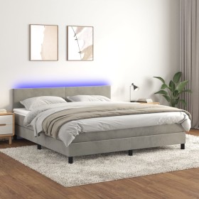 Cama box spring colchón y LED terciopelo gris claro 180x200