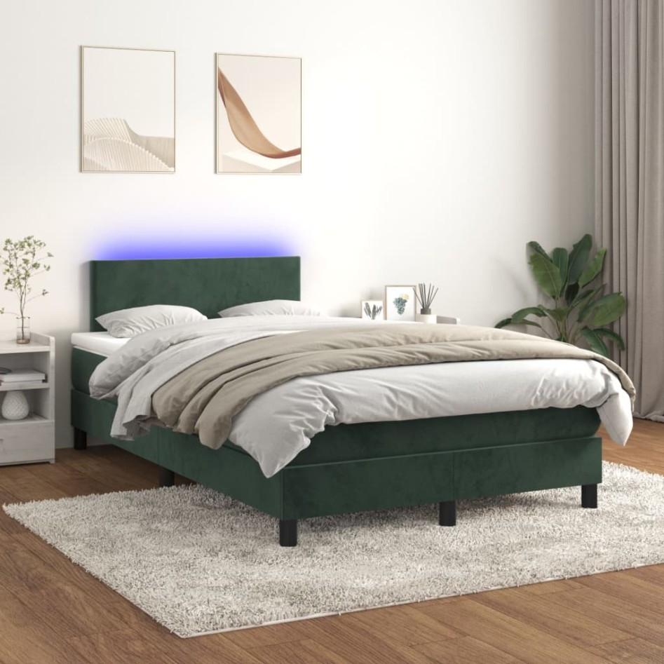 Cama box spring colchón y LED terciopelo verde oscuro