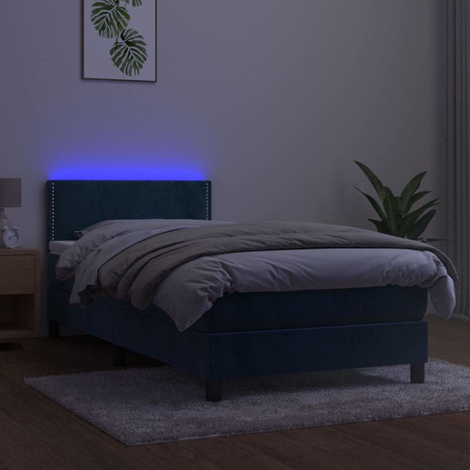Cama box spring colchón y LED terciopelo azul oscuro 90x190