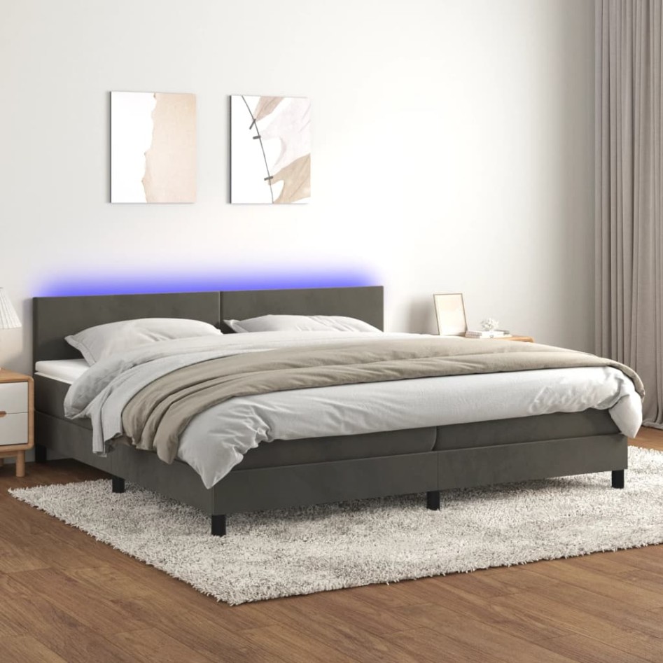 Cama box spring colchón y LED cuero sintético blanco 140x190