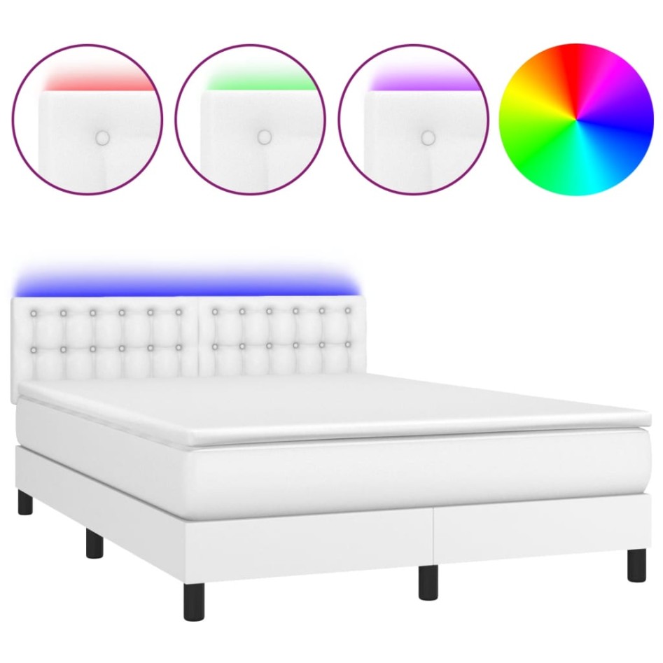 Cama box spring colchón y LED cuero sintético blanco 140x190