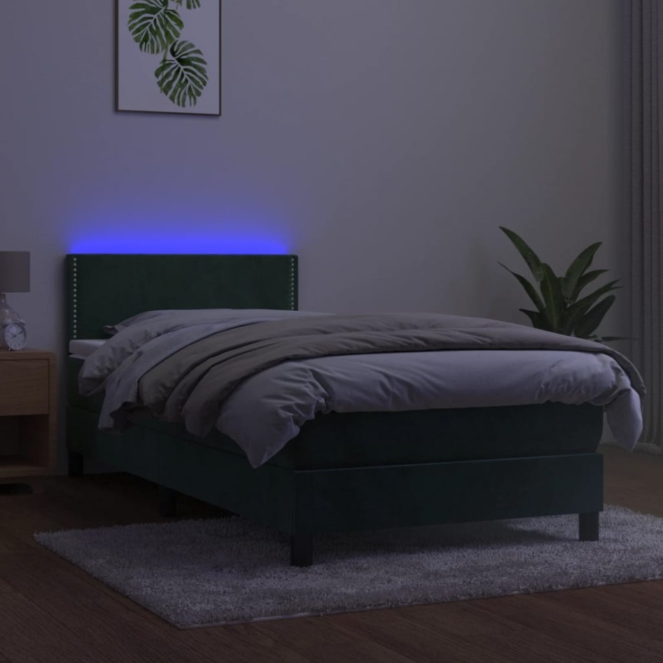 Cama box spring colchón y LED terciopelo verde oscuro 80x200