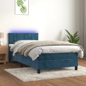 Cama box spring colchón y LED terciopelo azul oscuro 80x200