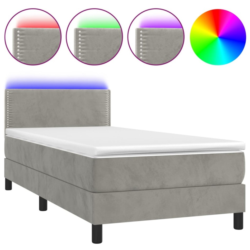 Cama box spring colchón y LED terciopelo gris claro 100x200