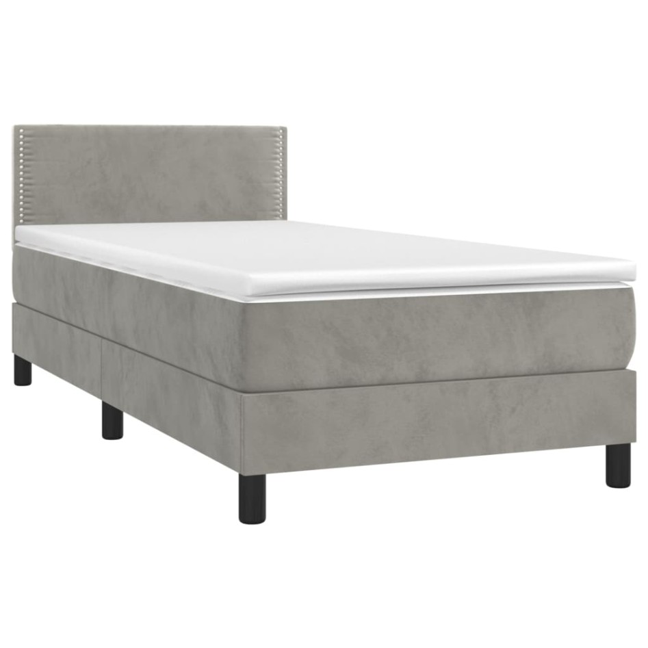 Cama box spring colchón y LED terciopelo gris claro 100x200