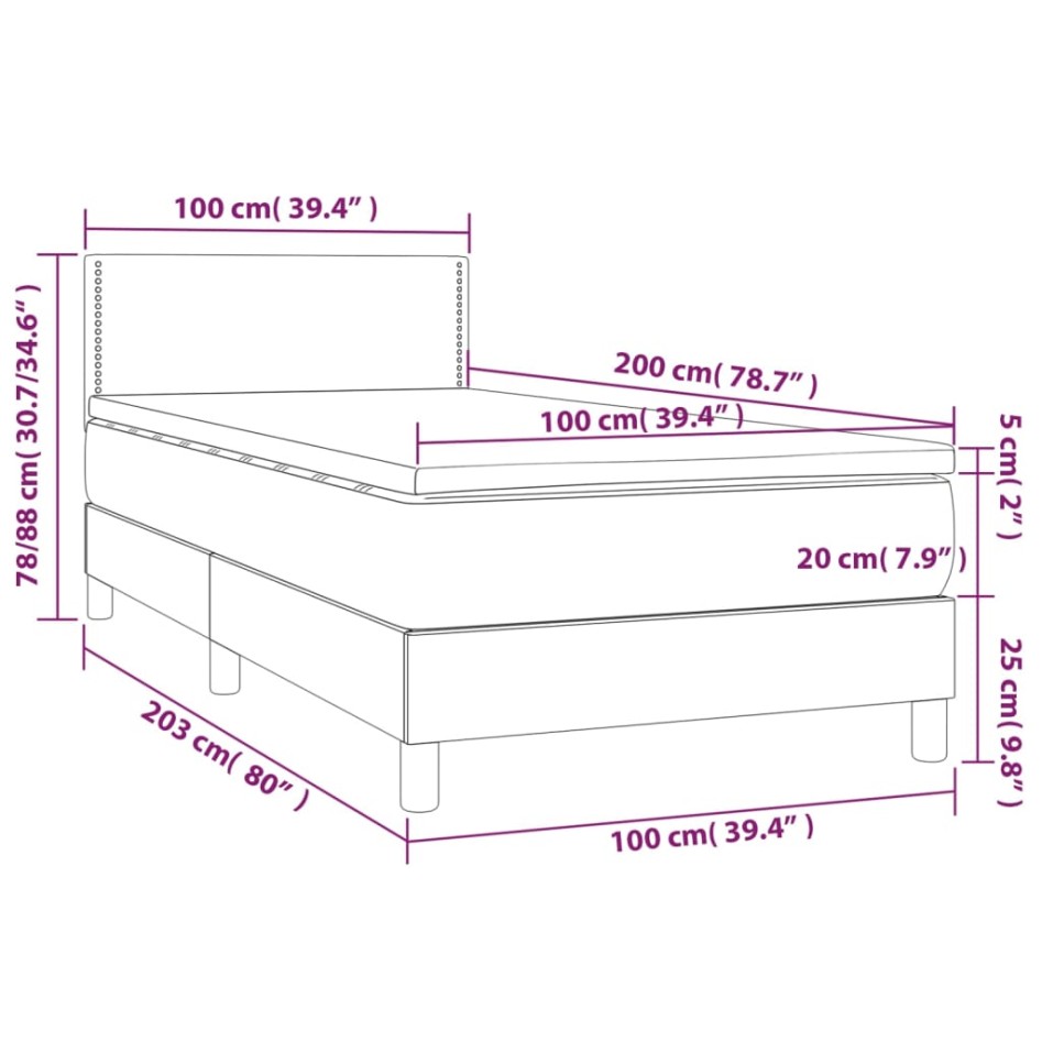 Cama box spring colchón y LED terciopelo gris claro 100x200