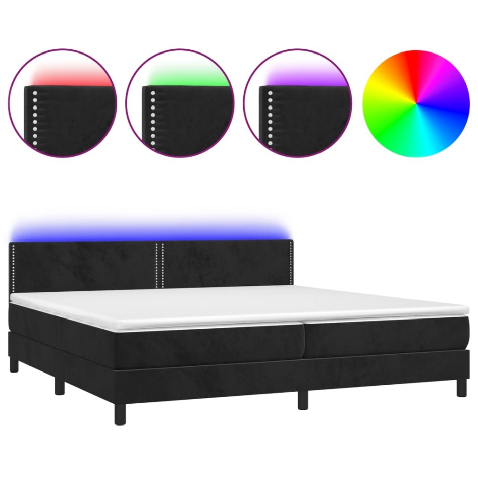 Cama box spring colchón y LED terciopelo negro 200x200