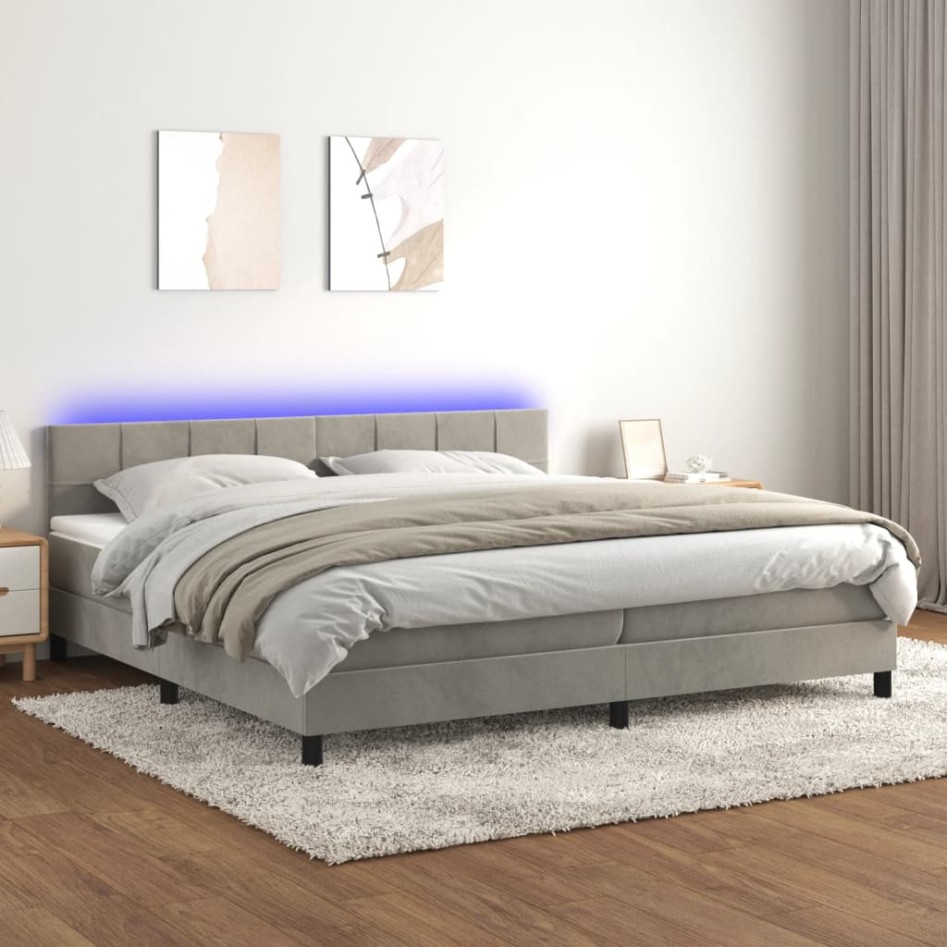Cama box spring colchón y LED terciopelo gris claro 200x200