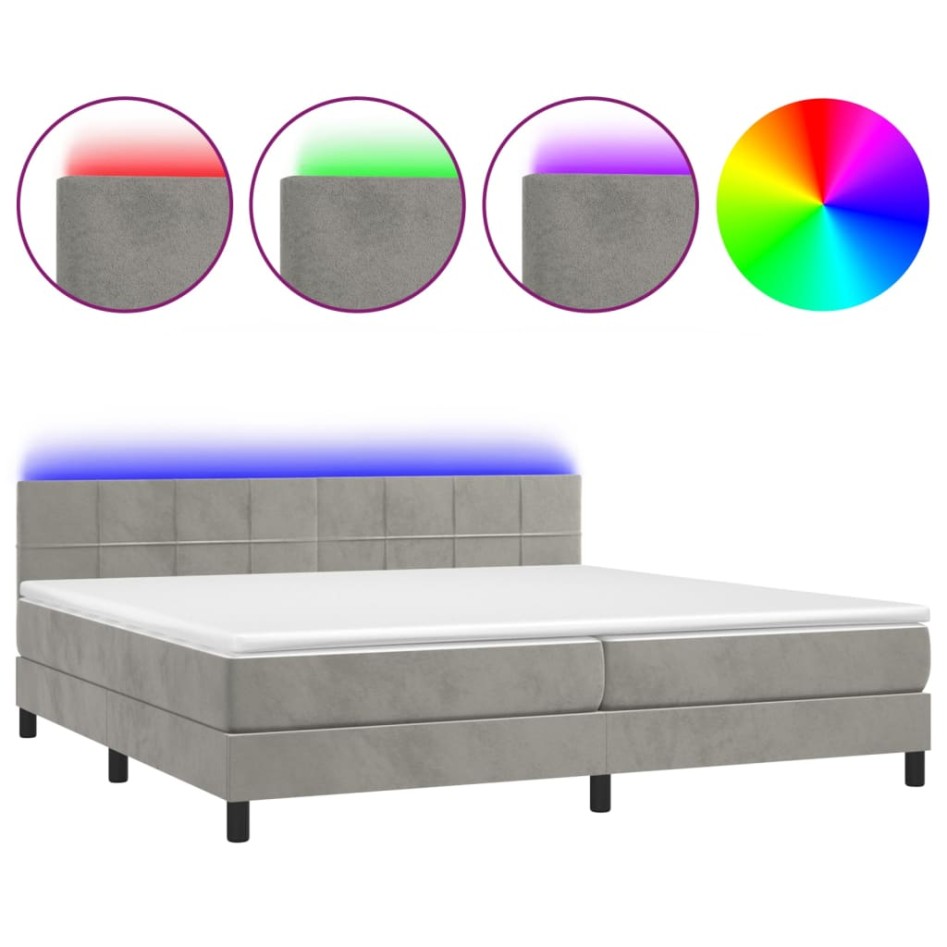 Cama box spring colchón y LED terciopelo gris claro 200x200