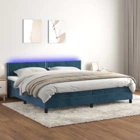 Cama box spring colchón y LED terciopelo azul oscuro 200x200