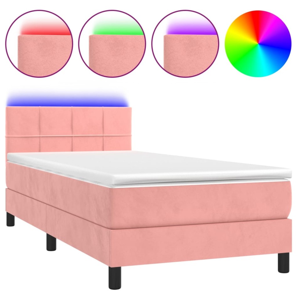 Cama box spring colchón y LED terciopelo rosa 100x200