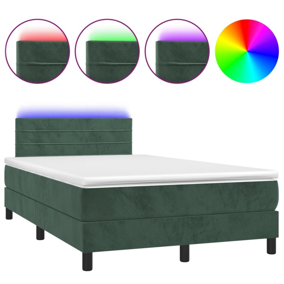 Cama box spring colchón y LED terciopelo verde oscuro