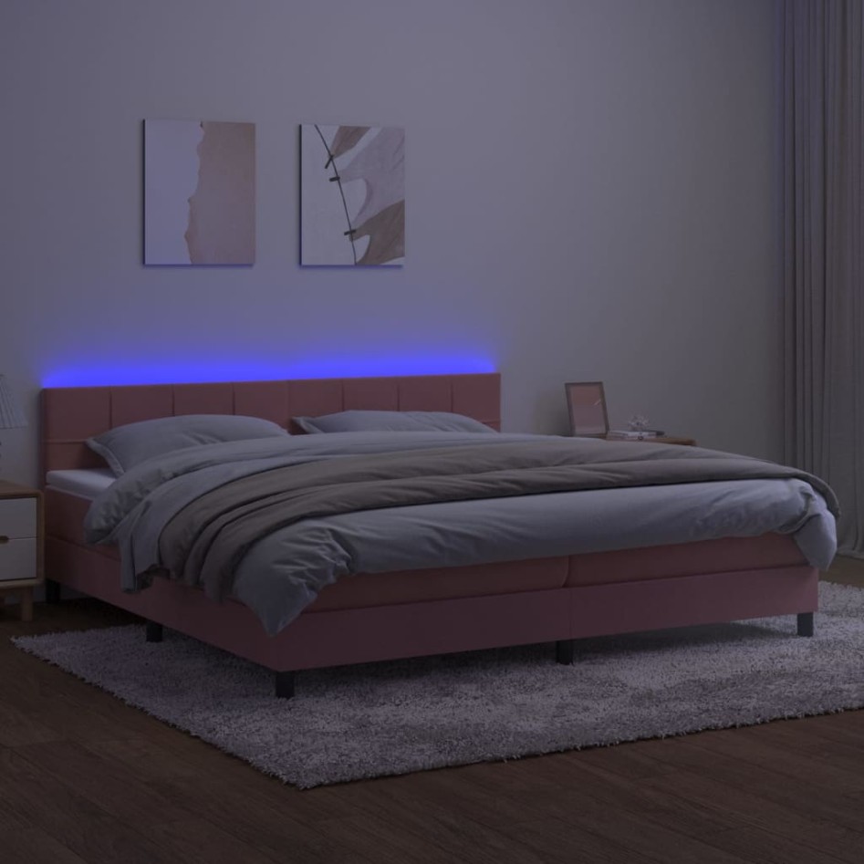 Cama box spring colchón y LED terciopelo rosa 200x200