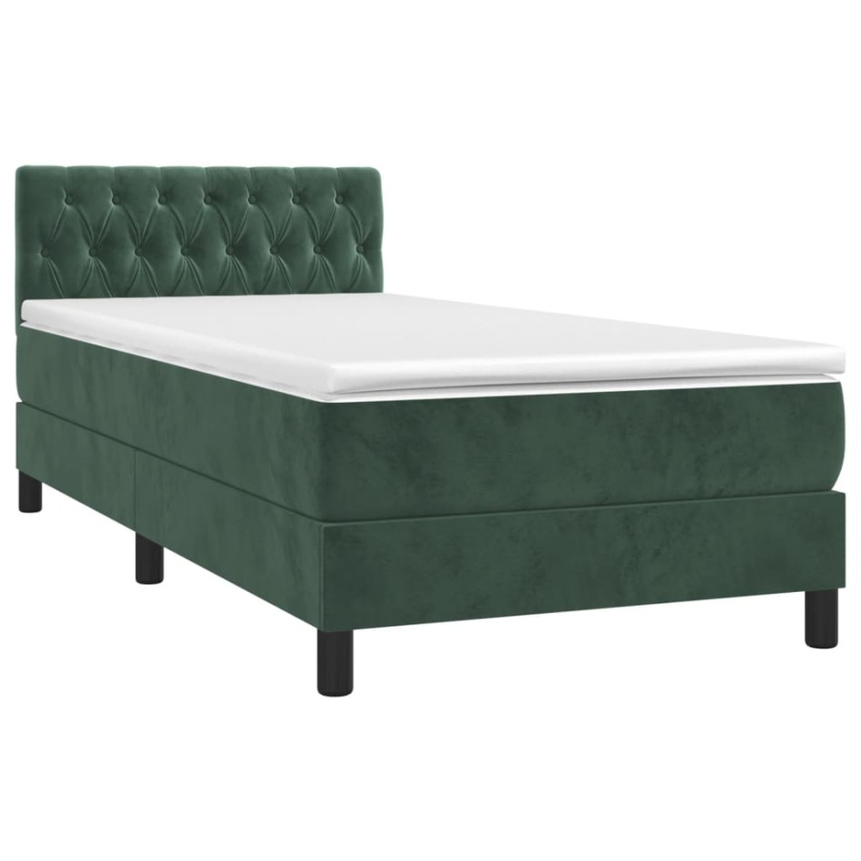 Cama box spring colchón y LED terciopelo verde oscuro 90x200