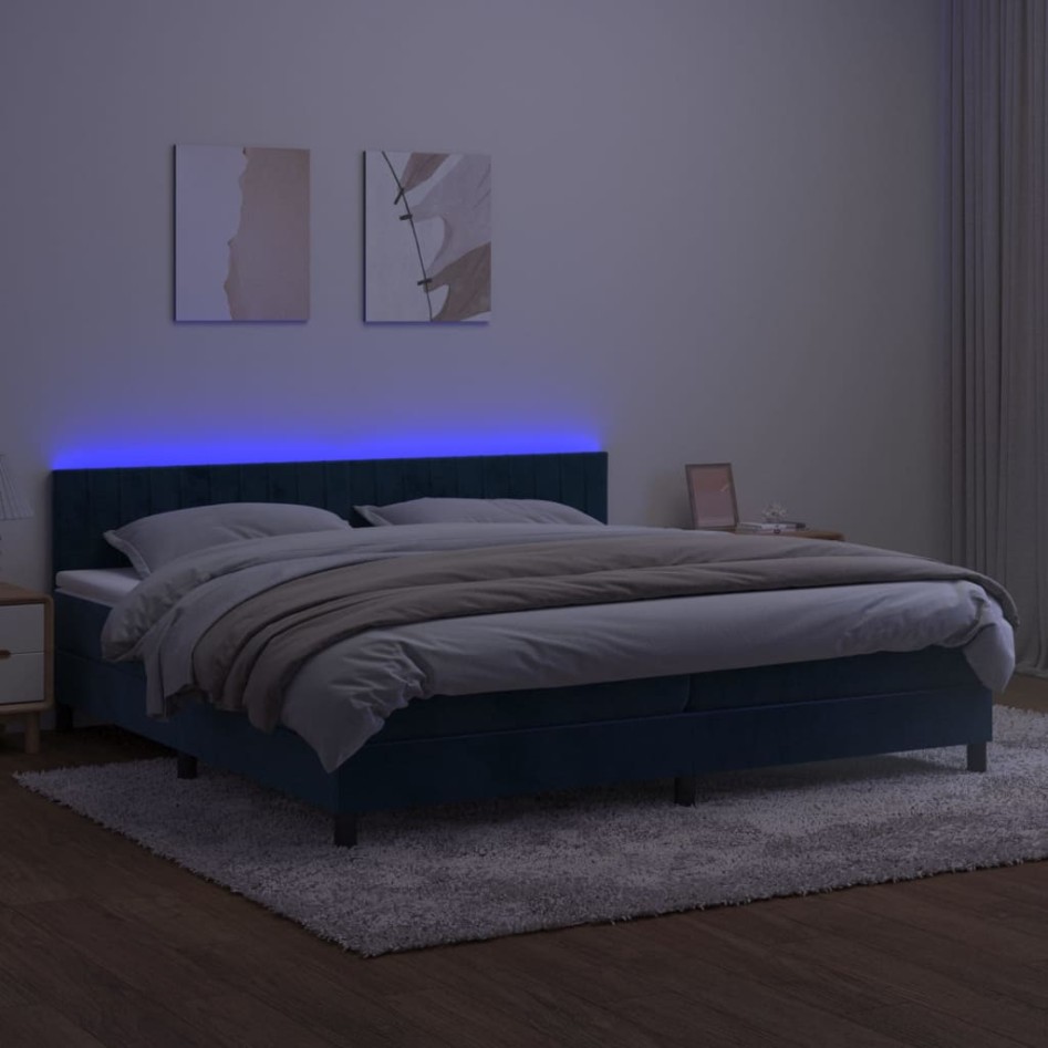 Cama box spring colchón y LED terciopelo azul oscuro 200x200