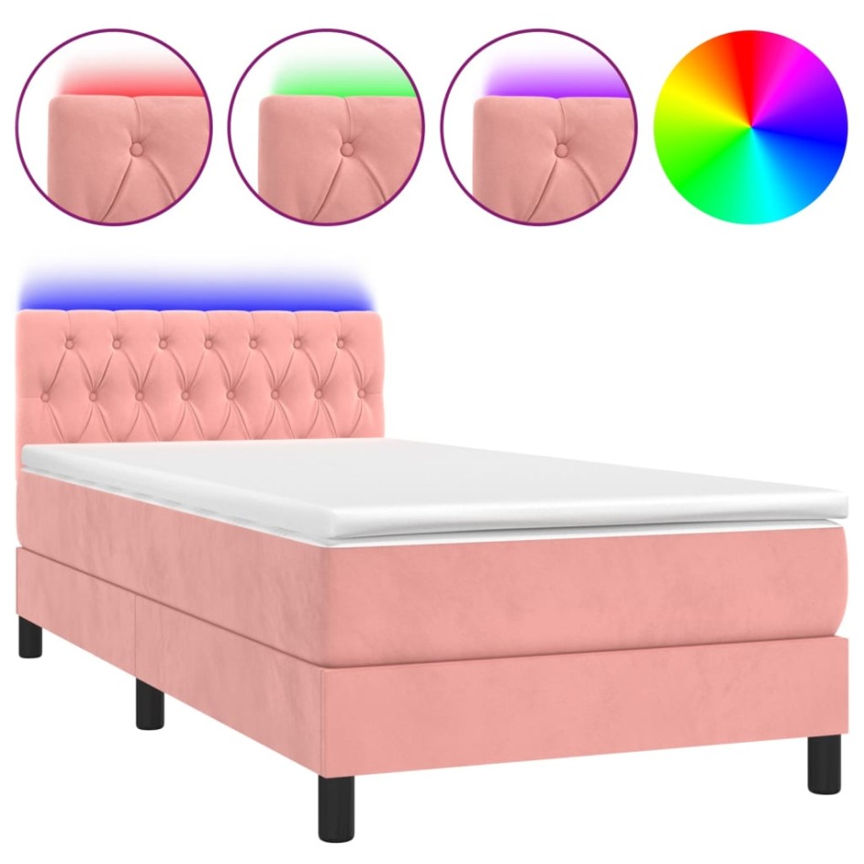 Cama box spring colchón y LED terciopelo rosa 90x200