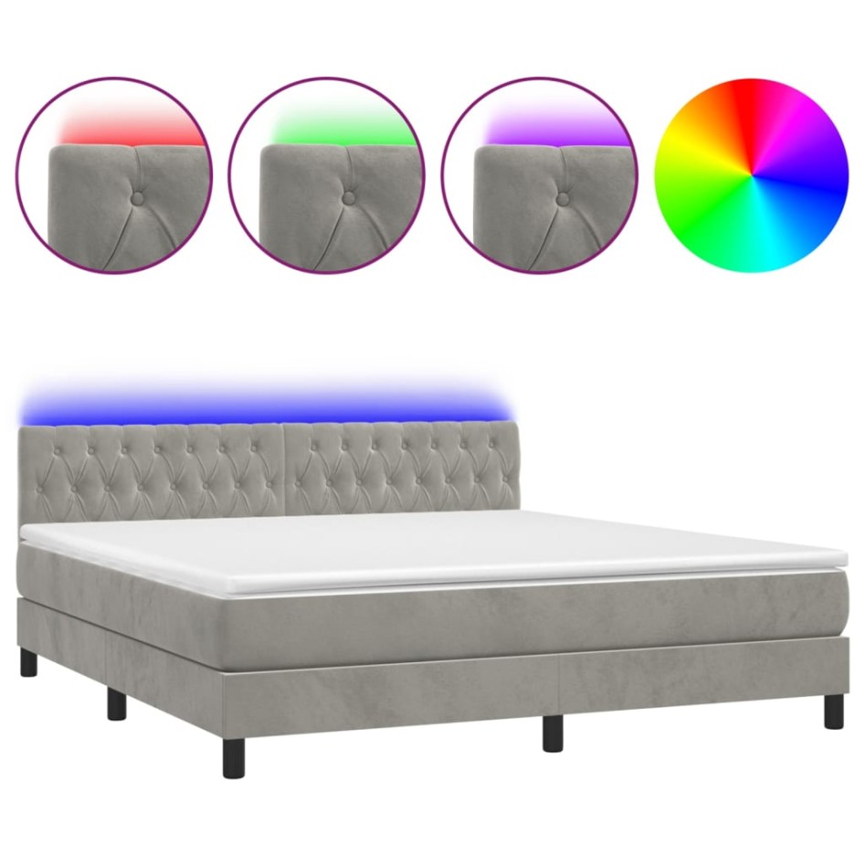 Cama box spring colchón y LED terciopelo gris claro 160x200