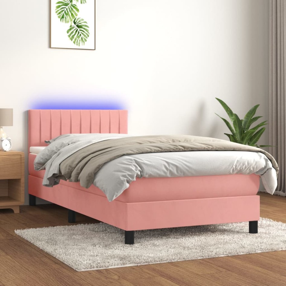 Cama box spring colchón y LED terciopelo rosa 80x200